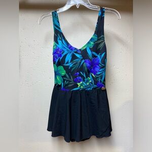 Longitude womens Swim dress One Piece wireless padded Tropical Sz 12